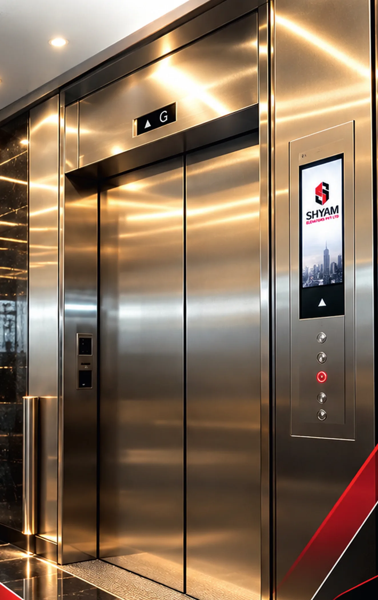Stainless steel elevator with touchscreen display in a premium lobby